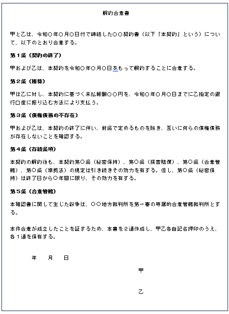 合意解約書のサンプル(詳細な内容を取り決めたもの)